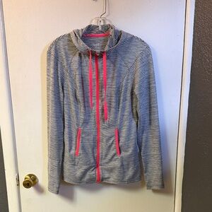 lukka Striped Gray and Black Top with Hot Pink Trim